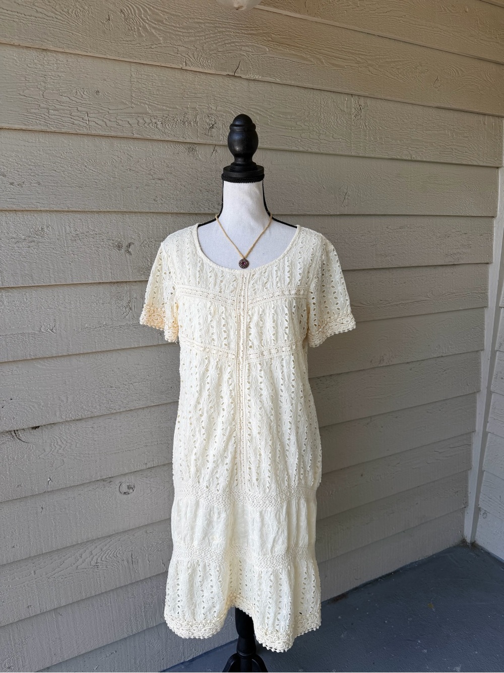 Vintage Sundance Cream Eyelet Crochet Midi Dress Cotton